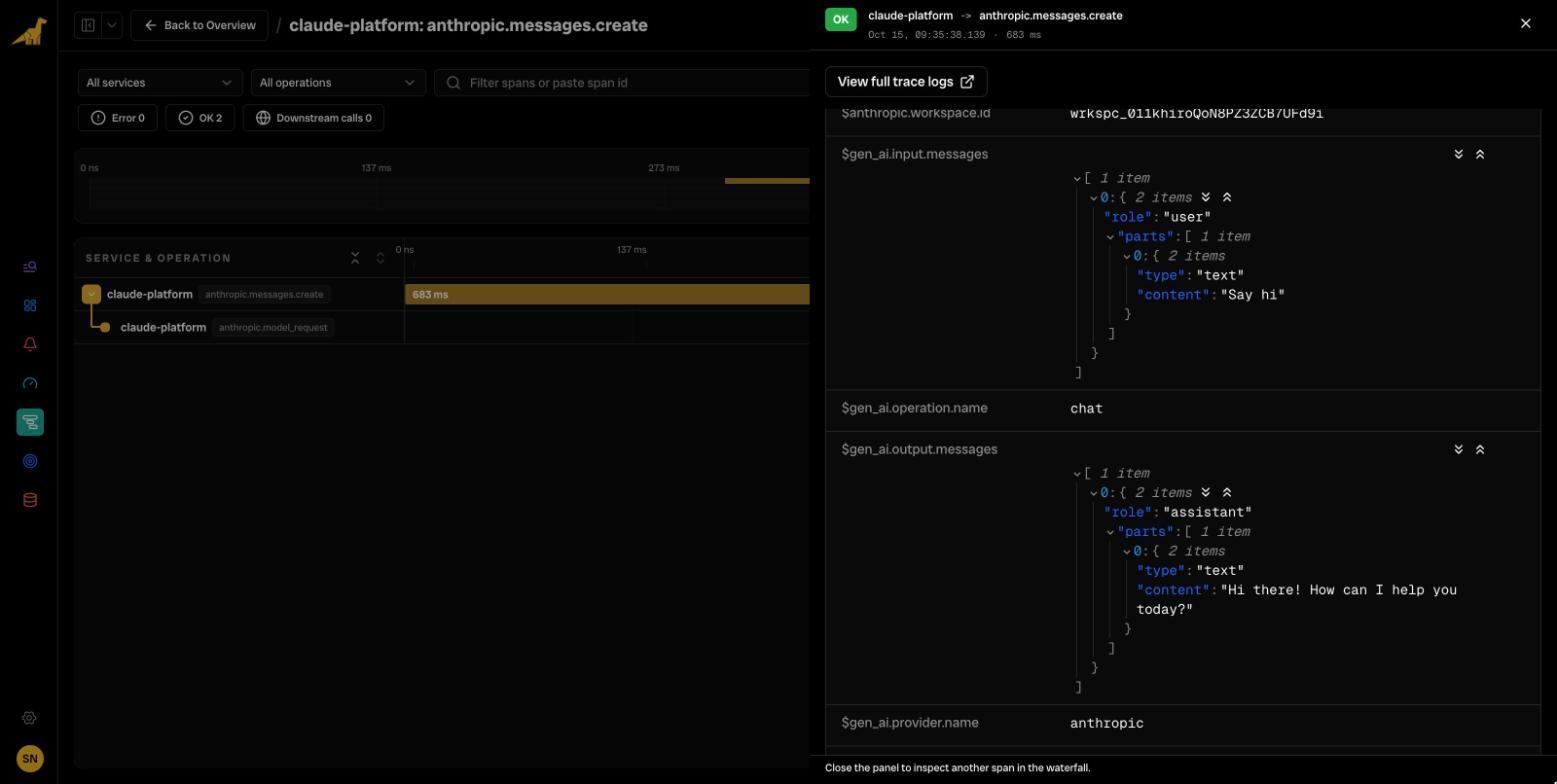 The curl request's anthropic.messages.create span in Bronto, with the prompt and Claude's reply in gen_ai.input.messages and gen_ai.output.messages