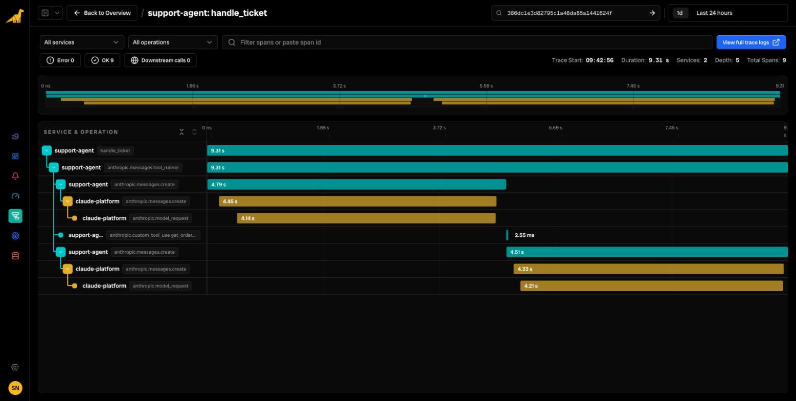 One trace in Bronto with both halves: the support-agent spans from your code and the SDK, with the claude-platform spans from the API nested inside each messages.create call