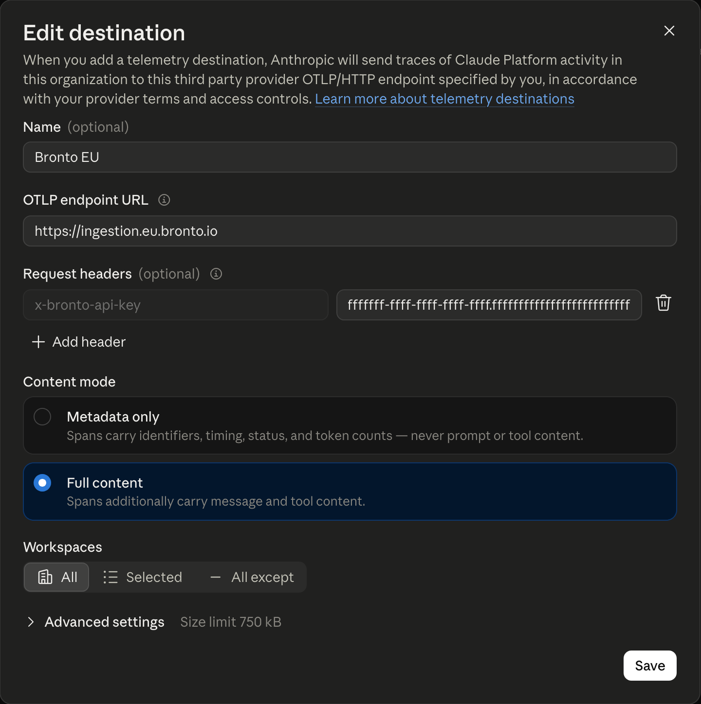 Add destination for traces in Claude